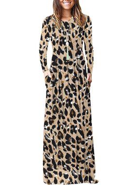 Women's Khaki Leopard Crew Neck Long Sleeve Pull On Soft Pocket Maxi Dresses